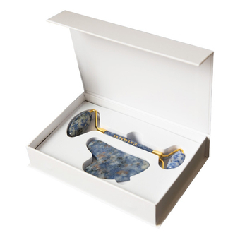 Coffret Rouleau de massage + Outil Gua sha en sodalite La Fervance - Coffret Rouleau de massage + Outil Gua sha